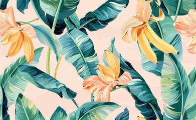 Wall Mural - Tropical wallpaper print illustration with toucans, tropical flowers, and palm banana leaves. Stock illustration.