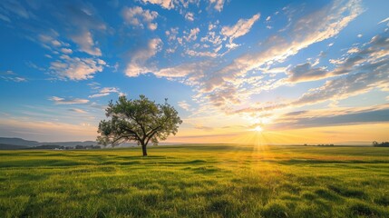 Wall Mural - Sunset Over a Tranquil Meadow with a Lone Tree