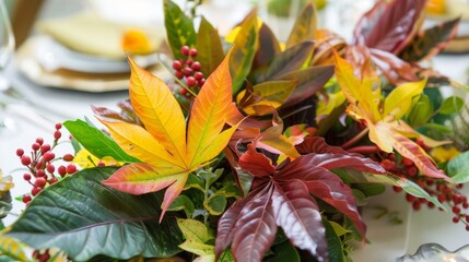 Wall Mural - A colorful array of foraged leaves ranging from deep forest green to bright yellow artistically arranged to create a stunning table centerpiece.