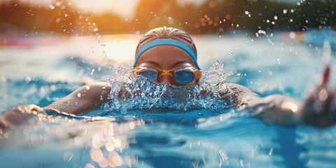 Swimmer in action during sunset, water splashing around