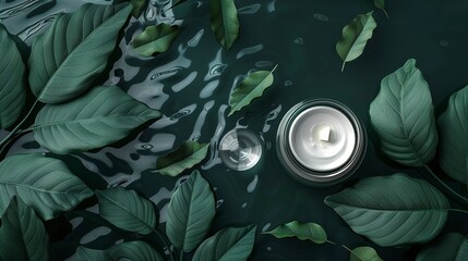 Wall Mural - Jar of cosmetic cream and green plant leaves on dark green water background, top view, copy space. Generative ai