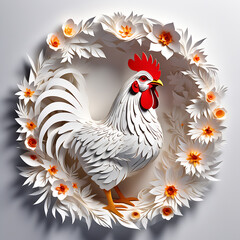 Wall Mural - Chicken in a hole of floral white paper art, intricately sculpted with exquisite detail in the hyperrealistic style.