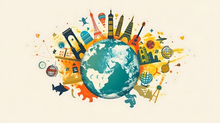 Wall Mural - world population day illustration of a globe surrounded by diverse cultural symbols and landmarks, r