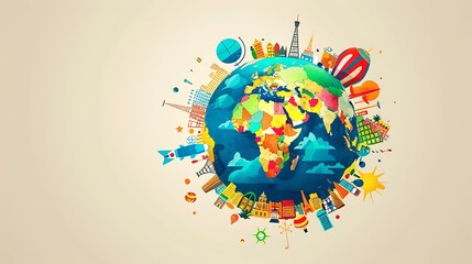 Wall Mural - World Population Day illustration of a globe surrounded by diverse cultural symbols and landmarks, representing the beauty and diversity of global cultures. Copy space for text, sharp focus and clear