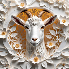 Canvas Print - Goat in a hole of floral white paper art, intricately sculpted with exquisite detail in the hyperrealistic style.