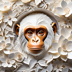 Poster - Chimpanzee in a hole of floral white paper art, intricately sculpted with exquisite detail in the hyperrealistic style.