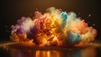 Wall Mural - rainbow smoke center radial explosion isolated in gold background