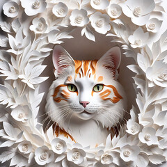 Wall Mural - cat in a hole of floral white paper art, intricately sculpted with exquisite detail in the hyperrealistic style.