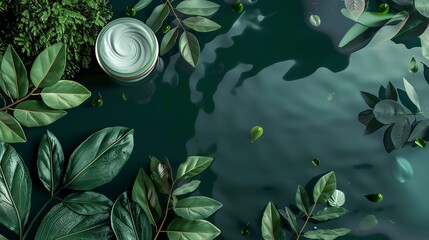Wall Mural - Jar of cosmetic cream and green plant leaves on dark green water background, top view, copy space. Generative ai
