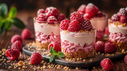 Wall Mural - A small pink cake with raspberries on top
