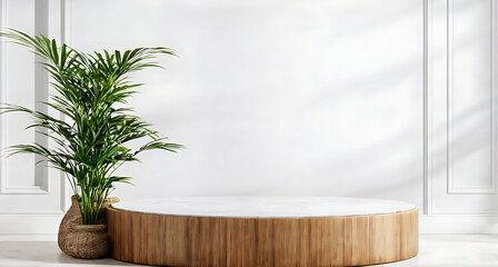 Wall Mural -  Podium background display bamboo product 3D platform cosmetic plant beauty. Podium white background display green leaf shadow marble stand presentation nature space empty scene stone fresh light. 

