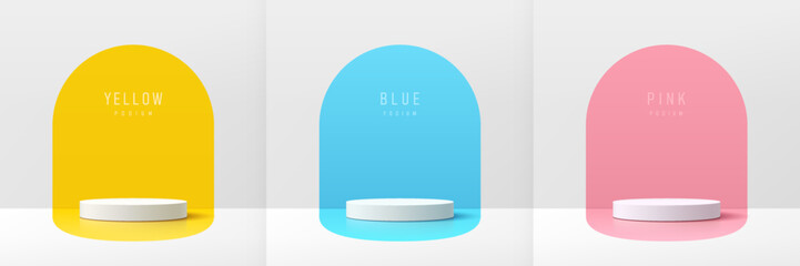 Wall Mural - set of 3d white product podium with blue, pink, yellow color in round backdrop. abstract geometric c