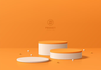 Wall Mural - 3d orange round product podium set background with white ball beads. abstract geometric composition 