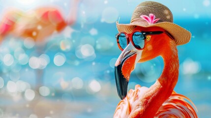 Poster - Bright pink flamingo in sunglasses with a hat on a bright blurred background, concept of summer holidays, tourism, banner with copyspace
