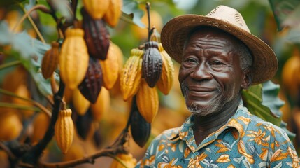 A man wearing a straw hat stands in front of a tree full of ripe fruit