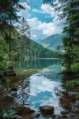 Wall Mural - Tranquil Mountain Lake Surrounded by Majestic Evergreens