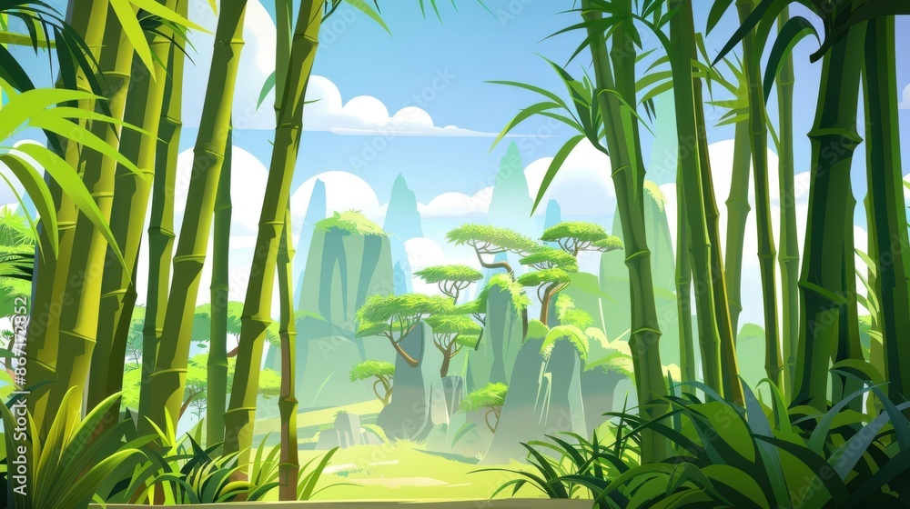 Cartoon illustration of a bright green bamboo forest with mountains in ...