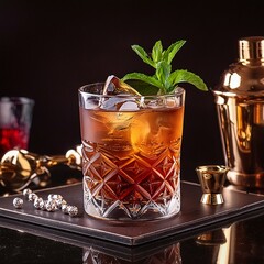 Glass of Whiskey Scotch Cocktail Ice Alcohol on a bar with a black background