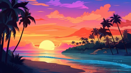 Wall Mural - Vibrant Tropical Sunset. Palm Trees Silhouetted Against a Colorful Sky