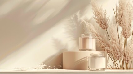 Jars of cosmetic cream with pampas grass on pastel beige background. Nourishing beauty products, rich anti-age cream. copy space, Top view, Generative ai