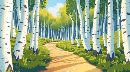 Wall Mural - Birch tree forest cartoon landscape with a path,  lush green grass, and sunny sky. Serene woodland or nature scene ideal for background.