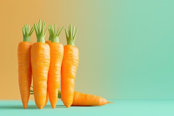 Sticker - Five carrots standing upright on a turquoise surface with a two toned orange and green background