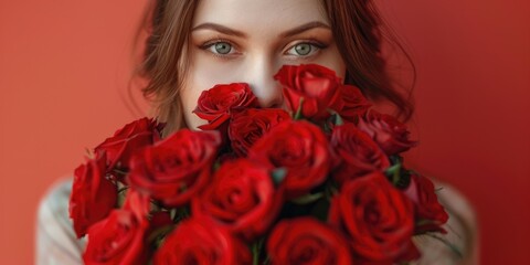 Poster - Woman holding bunch of red roses