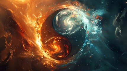 Wall Mural - Abstract yin yang wallpaper, swirling light and fire particles, starry universe background, cosmic harmony, intricate and vibrant design