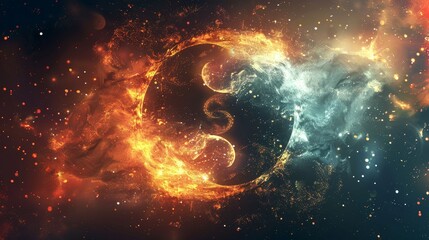 Wall Mural - Abstract yin yang with light and fire particles, stars and universe, cosmic and intricate design, harmonious and vibrant, visually captivating