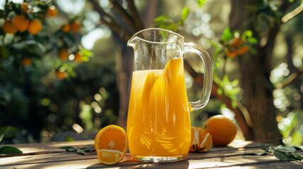 Poster - A tall glass pitcher filled with freshly squeezed orange juice from the nearby orchard.