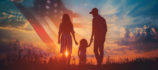 Canvas Print - Silhouette of American family. 4th of July or American independence day. Generative AI technology.