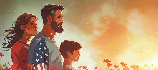 Wall Mural - Happy American family at sunset. 4th of July or American independence day. Generative AI technology.