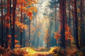 Wall Mural - Autumn forest nature. Vivid morning in colorful forest with sun rays through branches of trees. Scenery of nature with sunlight. generative ai.