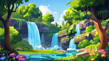 Wall Mural - Cartoon illustration of a serene waterfall cascading through a lush green forest, concept art for nature, tranquility, and paradise.