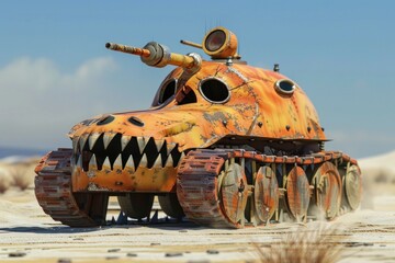 Rusty, customized monster truck is standing in a desert landscape