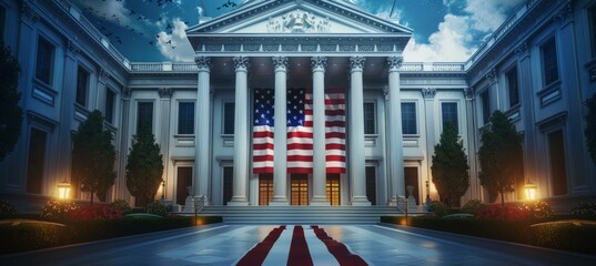 Canvas Print - Government classic building with America flag background. 4th of July or America independence day. Generative AI technology.