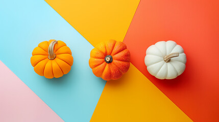 Wall Mural - Three pumpkins sitting on a colorful minimalist background for autumn