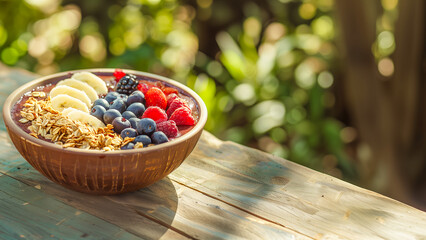 Acai bowl topped with sliced bananas, berries, and granola.