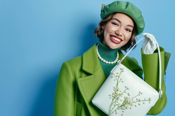 Fashionable happy smiling woman wearing beret, green coat, turtleneck, pearl necklace, holding trendy white leather bag with snowdrops, posing on blue background. Copy, empty, blank space for text