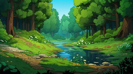 Wall Mural - Enchanting Cartoon Forest Landscape with River, Ideal for Games, Animations, and Book Illustrations