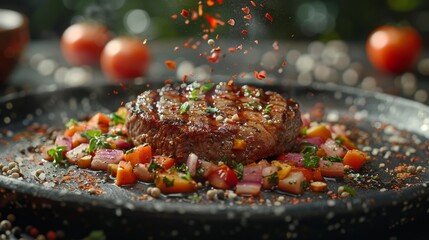 Wall Mural - Juicy Grilled Steak with Colorful Vegetables and Seasonings - Generative AI