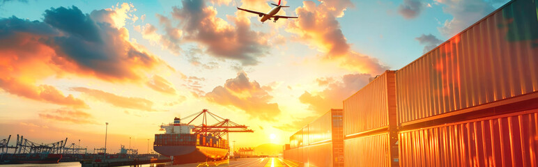 Wall Mural - A cargo ship is docked at a port, surrounded by shipping containers, as an airplane flies overhead. The setting sun casts a warm glow over the scene