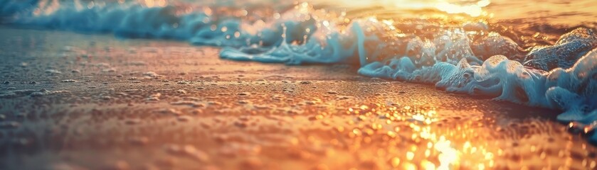 Wall Mural - Close-up of Foamy Waves on a Sandy Beach at Sunset