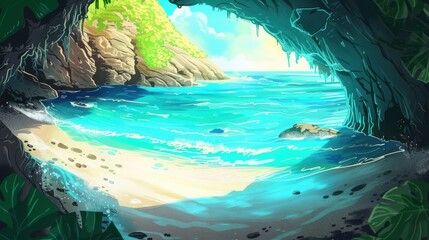 Secluded beach paradise seen through cave entrance. Tropical island, ocean waves, blue sky, rocks, and lush green foliage, perfect for summer vacation background, wallpaper