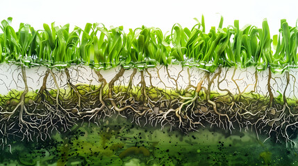 Wall Mural - Cross-section of soil showing green grass and its dense network of roots. This image provides a detailed view of the underground structure of turfgrass