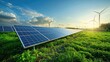 © BOONJUNG - Solar panels and wind turbines in lush green field, Sustainable energy future