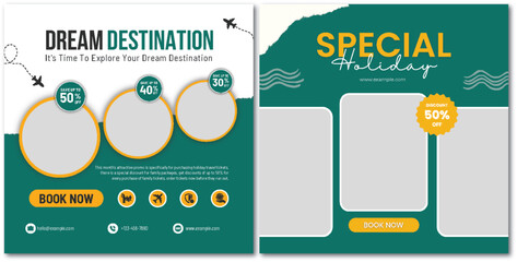 Holiday travel, traveling or summer beach travelling social media post or web banner template design. Tourism business marketing flyer or poster with abstract digital background, logo and icon.