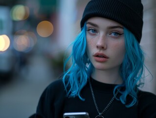 Poster - Portrait of a young woman with blue hair wearing a black beanie. AI.