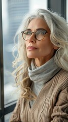 Poster - Portrait of a beautiful mature woman with grey hair and glasses looking thoughtfully out the window. AI.