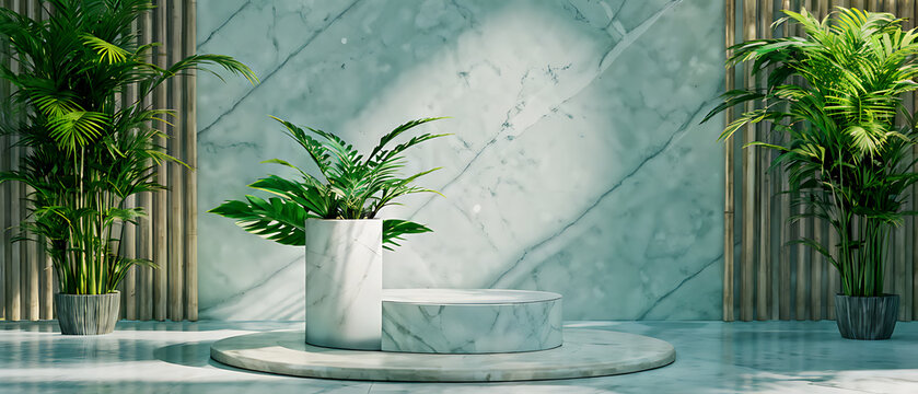  Podium background display bamboo product 3D platform cosmetic plant beauty. Podium white background display green leaf shadow marble stand presentation nature space empty scene stone fresh light. 

